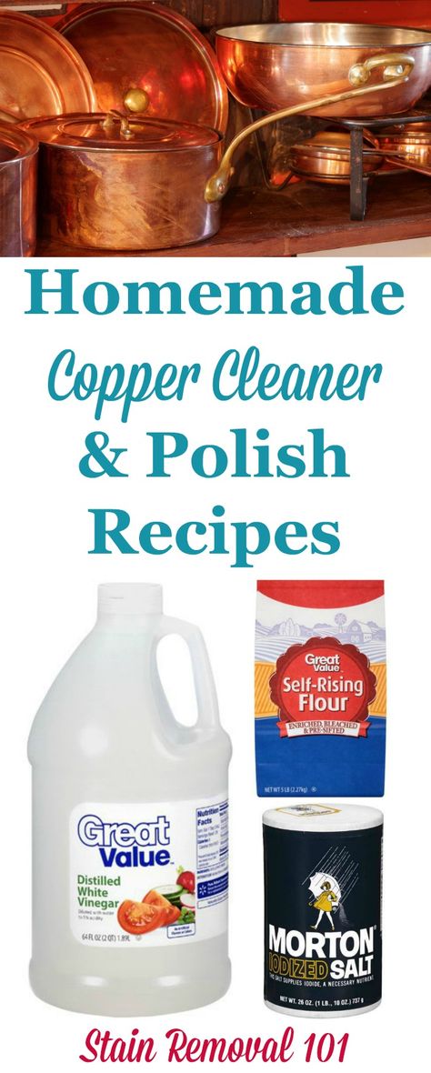 Several homemade copper cleaner and polish recipes using natural, frugal ingredients {on Stain Removal 101} Copper Cleaner Homemade, Copper Polish Diy, Copper Cleaner Diy, Clean Copper, Copper Cleaner, Brass Cleaner, Spring Break Kids, Clean Baking Pans, How To Polish Copper