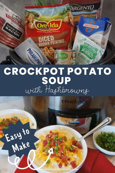 This crockpot potato soup with hashbrowns is the perfect homemade comfort food for a cold, winter day. This easy and simple slow cooker recipe creates a hearty and comforting meal that's perfect for both dinner and lunch. It's a family-friendly recipe to warm you up during chilly weather. Crockpot Potato Soup With Hashbrowns, Soup With Hashbrowns, Potato Soup With Hashbrowns, Easy Crockpot Potato Soup, Potato Soup Crock Pot Easy, Crockpot Potato Soup, Crockpot Potato, Frozen Hash Browns, Potato Soup Crock Pot