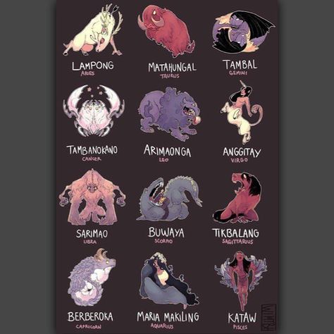 80 Likes, 4 Comments - The Aswang Project (@theaswangproject) on Instagram: “What’s your Philippine Mythical Creature star sign? Check out this super fun chart created by…” Filipino Mythical Creatures, Mythical Creatures List, Philippine Mythology, Myths & Monsters, Mythical Monsters, World Mythology, Filipino Art, Philippine Art, Philippines Culture