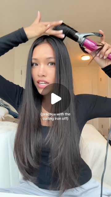 Alysia Loo on Instagram: "Curling iron basics 😽" Curls At The Bottom Of Hair, Blowout With Curling Iron, How To Use A Curling Iron, Curling Long Hair, Curling Iron Tutorial, Hot Tools Curling Iron, Blowout Curls, Curling Iron Hairstyles, Hair Clothes