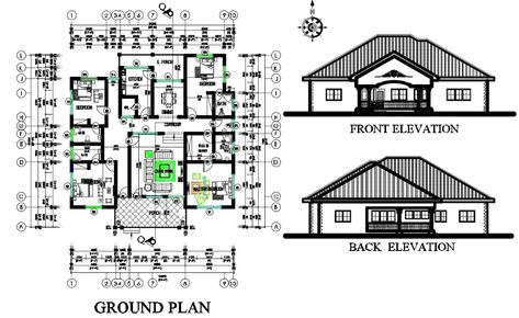 Architecture House Plan And Elevation Complete Drawing - Cadbull the architecture 50' X 58' house plan design includes 4 bedrooms, modular kitchen, living room, dining area, drawing room and porch area with all dimension detail in footing format. also has front and rear elevation design with sloping roof design. download Architecture house plan design DWG file. House Plan And Elevation, Bungalow House Floor Plans, Plan And Elevation, Four Bedroom House Plans, House Design Drawing, Cottage House Designs, 4 Bedroom House Designs, Plan Elevation, Architecture House Plan