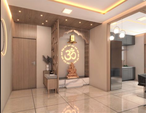 Lobby Mandir Design, Temple Side Wall Design, Mandir With Partition, Puja Room Partition Design, Corner Temple Design For Home, Interior Pillars, Puja Unit, Dressing Table Mirror Design, Window Seat Design