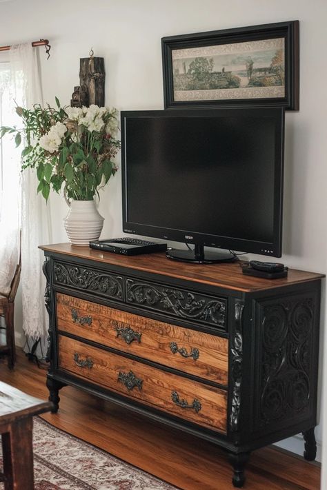 Repurposed Tv Stand Ideas, Vintage Dresser Tv Stand, Cottagecore Tv Stand, Antique Tv Stand Ideas, Dresser Into Tv Stand, Repurposed Tv Cabinet, Dresser To Tv Stand, Antique Tv Stands, Tv Stand Makeover