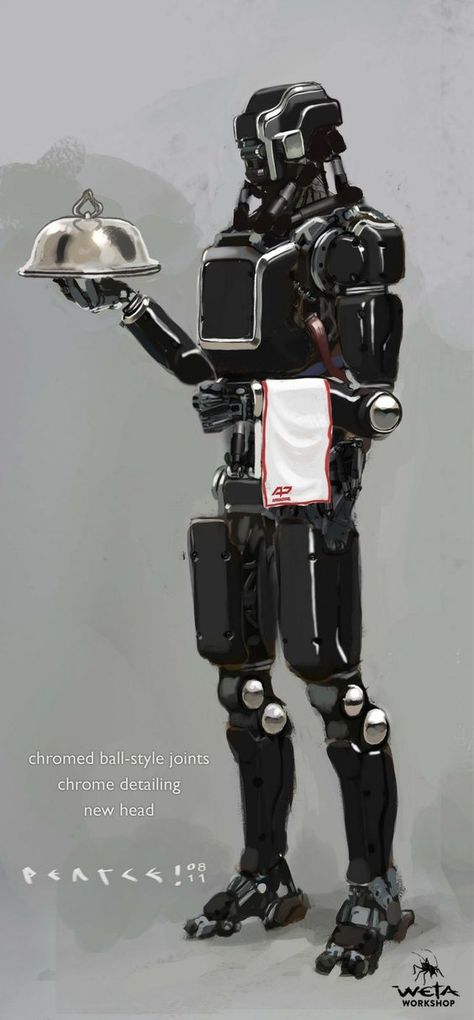 Mardane Butler Elysium Concept Art, Robot Waiter, Futuristic Robot, Star Wars Droids, New Retro Wave, Weta Workshop, Cool Robots, Workshop Design, Arte Cyberpunk