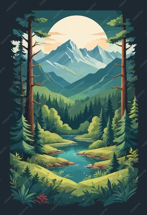 Premium Vector | A poster for a mountain stream Stream Illustration, Tshirt Illustration, Silhouette Painting, Mountain Stream, Stationery Templates, Poster Maker, Flyer Maker, Business Card Maker, Card Banner