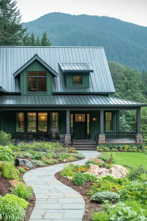 Cozy green farmhouse with a metal roof by the mountains. Embark on a whimsical journey through the rustic charms and untamed beauty of mountain farmhouses where heartwarming coziness meets high-altitude quirkiness. Small Cottage Minecraft, Cottage Minecraft House, Cottage House Ideas, Small Cottage House, Cottage Minecraft, Mountain Farmhouse, Minecraft House Ideas, Green Farmhouse, Cottage House Designs