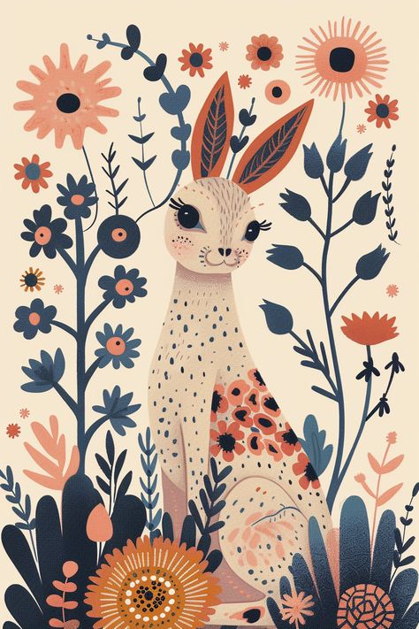 Nordic Folk Art Poster with Bunny and Flowers Nordic Animals Illustration, Xmas Calendar, Folk Art Animals, Bunny And Flowers, Nordic Folk Art, Folk Illustration, Inspirational Digital Art, Colorado House, Scandinavian Kids