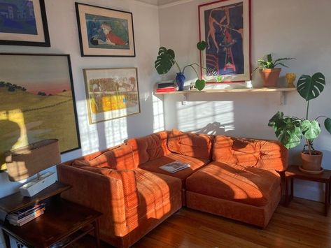 Cozy Maximalism, Girly House, Women Cave, Cozy Porch, Spiritual Garden, Orange Couch, Cave Room, Girly Apartments, Cozy Patio