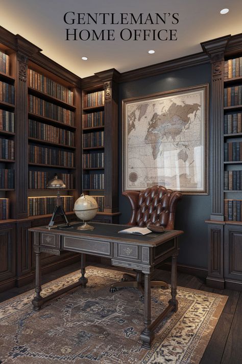 Ever wondered what makes a gentleman’s office classic? Think wood-paneled walls, leather-bound books 📚, and rich, dark furniture. This luxury office design combines masculine home design with elegant decor details. Add restoration hardware office ideas for a touch of modern style and comfort. A small moody home office fits the bill perfectly, creating an inspiring workspace for him. #GentlemansOffice #RestorationHardwareOfficeIdeas #LuxuryOffice #ClassicOffice #HomeOffice #MasculineHomeDesign Restoration Hardware Office Ideas, Dark Office Design, Restoration Hardware Office, Modern Masculine Office, Home Office Masculine, Masculine Home, Masculine Home Office, Classic Gentleman, Law Office Decor