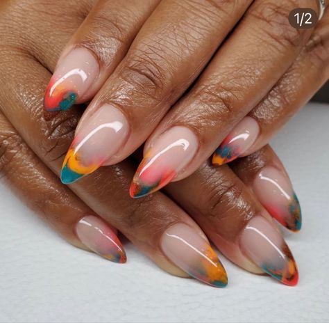 Almond French Tip Nails Multicolor, Almond Multi Colored French Tip Nails, Multicolor French Tip Nails Almond, Abstract Colorful Nails, Pink And Orange Abstract Nails, Colorful Nails, Sassy Nails, Work Nails, Dope Nail Designs