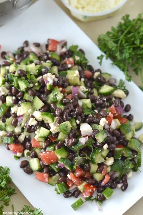 Cucumber Black Bean Salad - The Healthy Home Cook White Bean And Cucumber Salad, Black Bean And Tomato Salad, Bean And Cucumber Salad, Black Bean Cucumber And Feta Salad, Wegovy Recipes, Cucumber Black Bean Corn Tomato Avocado Salad, Black Bean Corn Tomato Avocado Salad, Big Salads, Bean Salads