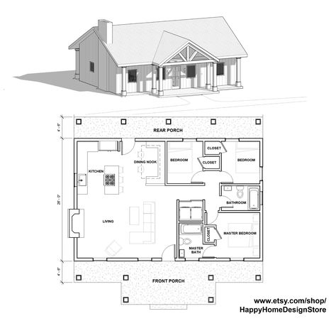 Cottage 3 Bed 2 Bath 40'x26' Custom House (Instant Download) - Etsy Custom House Plans, Open House Plans, Cottage Floor Plans, Tiny House Layout, Cabin Floor Plans, Tiny House Inspiration, Custom Home Plans, Small House Floor Plans, Barndominium Floor Plans