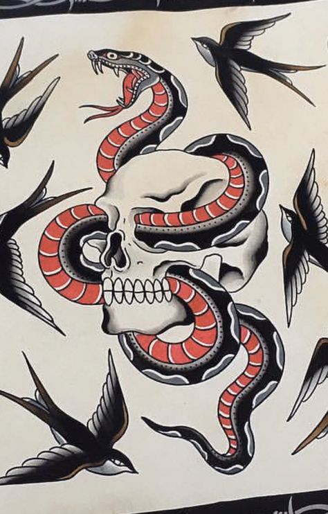 Skull Snake Tattoo Traditional, Old School Skull Tattoo Design, Trad Snake Tattoo, Traditional Snake Tattoos, Traditional Cobra Tattoo, American Traditional Skull Tattoo, Traditional Tattoo Names, Old School Skull Tattoo, Snake With Skull