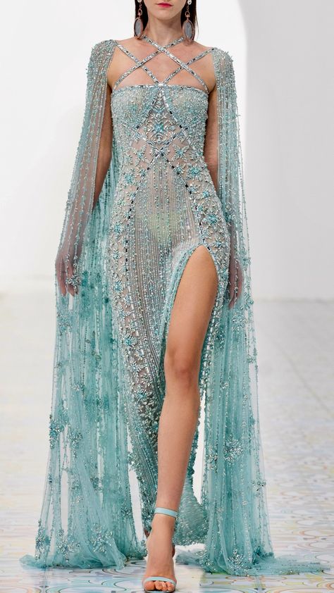 Georges Hobeika Spring Summer 2022 #georgeshobeika #georgeshobeika2022 #fashion #moda #dress #vestido #gown Evening Dress With Cape, Look Gatsby, Dress With Cape Sleeves, Gown With Cape, Aqua Mermaid, Dorothy Dandridge, Dress With Cape, Mermaid Evening Gown, Blue Evening Dresses