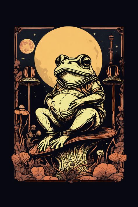 Toad Sitting On The Big Mushroom Under The Moon T-Shirt Toad On Mushroom, Japanese Frog Art, Big Mushroom, Mr Toad, Mushroom Kingdom, Object Design, Moon T Shirt, Cards Art, Tarot Cards Art