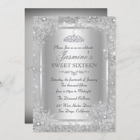 $2.55 | Silver Winter Wonderland Sweet 16 Invitation #sweet16birthday #sweet16thbirthdayparty #sweet16 #sweetsixteen #16thbirthday #winterwonderland #snowflake #silversweet16 #silver #snowflakes Winter Wonderland Pink, Winter Wonderland Sweet 16, Sweet 16 Winter Wonderland, Winter Wonderland-party, Sweet 16 Winter, Wonderland Sweet 16, Winter Wonderland Birthday Party, Wonderland Party Decorations, Pink Sweet 16