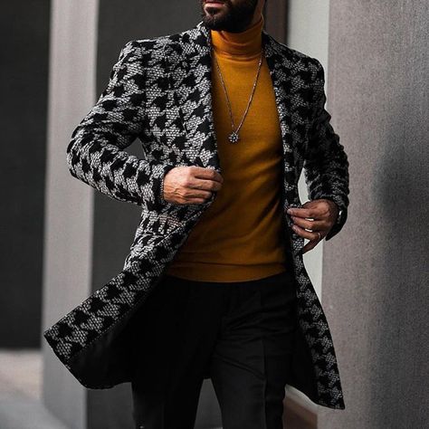 Houndstooth Outfit, Wind Coat, Long Suit, Mode Mantel, Men's Trench Coat, Houndstooth Coat, Suit Collar, Houndstooth Jacket, Trench Coat Men