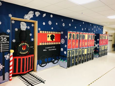 Christmas Door Decorations For School Polar Express, Office Decorated For Christmas, Polar Express Themed Tree, The Polar Express Classroom Door, Polar Express Board Ideas, Polar Express Decorations For School, Polar Bear Express Decorations, Door Decorations Classroom Christmas Polar Express, Polar Express Bulletin Boards For School