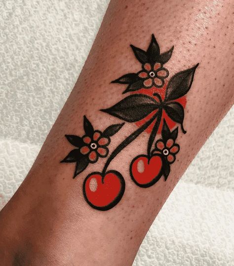 Cherry And Dice Tattoo, Traditional Tattoo Cherries, American Traditional Tattoos Cherry, Tradition Tattoo Woman, Old School Cherry Tattoo, Anti Valentine’s Day Tattoos, Cherry American Traditional Tattoo, American Traditional Cherries, Traditional Cherries Tattoo