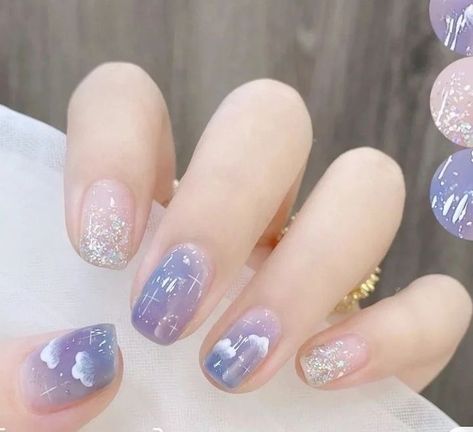 Douyin Nails, Nail Art Bleu, Purple Nail Art, Korean Nail Art, Sky Nails, Asian Nails, Beauty Nails Design, Blush Nails, Really Cute Nails