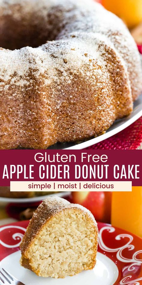 Indulge in the delightful flavors of fall with this Gluten-Free Apple Cider Donut Cake! Made with fresh apple cider, it's a perfect blend of moistness and apple goodness. The cinnamon sugar coating adds a sweet crunch that's reminiscent of apple cider donuts. Easy to make and even easier to enjoy! Apple Cider Donut Cake Recipe, Gluten Free Bundt Cake, Apple Cider Donut Cake, Cider Donut Cake, Fall Desserts Gluten Free, Fall Cake Recipes, Gluten Free Apple, Easy Gluten Free Desserts, Donut Cake