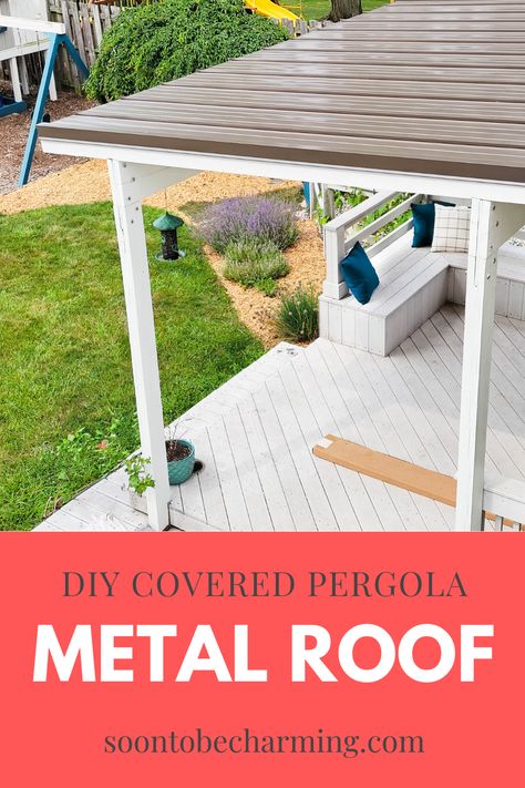 Diy Tin Roof Gazebo, Diy Metal Pergola, Diy Covered Patio Cheap, Metal Awning Patio, Roof Covering Ideas, Metal Roof Patio Cover, Pergola Makeover, Diy Covered Pergola, Diy Covered Patio