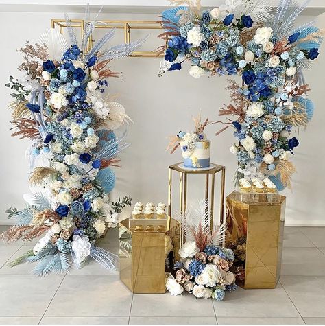 Blue And Gold Wedding Backdrop, Outdoor Tent Wedding, Reception Backdrop, Wedding Reception Backdrop, Bridal Shower Backdrop, Wedding Stage Design, Blue Bridal Shower, Wedding Backdrop Design, Boho Bridal Shower