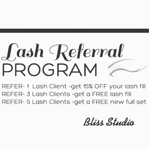 Lash Business Goals, Refer A Friend Promotion Ideas Lashes, Lash Tech Promo Ideas, Eyelash Advertising Ideas, Lash Extensions Promo Ideas, Lash Deal Ideas, Lash Referral Program, Lash Brand Name Ideas, Lash Promotion Ideas