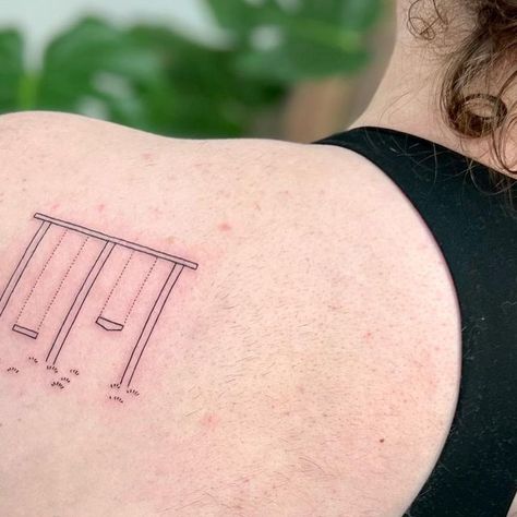 Wildflowers | Fine Line Tattoo on Instagram: "Sister matching tattoos of a swing-set from childhood that grandpa built for them 🧚‍♀️🧚 #swingset #childhoodwonders #matchingtattoos #sistertattoos #whimsicalart #illustrativetattoo #minimalistictattoo #lineworktattoo #daintytattoo #tinytattoo #finelinetattoos #torontotattoo #qttr #queerartist" Swings Tattoo, Swing Set Tattoo, Childhood Tattoo Ideas, Sister Matching Tattoos, Swing Tattoo, Fine Line Tattoo, Doodle Tattoo, Line Tattoo, Line Work Tattoo