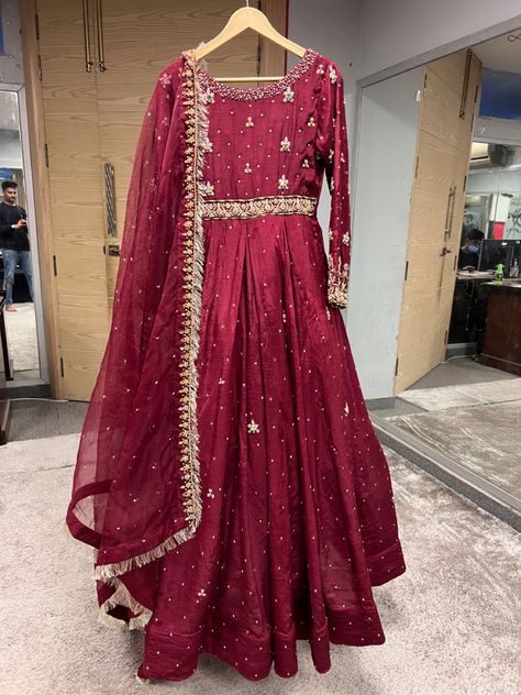 Raw silk fabric hand stitched anarkali dress by SAAD IBRAHIM STUDIO Pakistani Wedding Outfits Sisters Ideas, Pakistani Wedding Outfits Sisters, Barat Dresses Pakistani For Sisters, Barat Dresses Pakistani, Maroon Anarkali Dress, Red Anarkali Dress, Dress For Bride Sister, Barat Dresses, Barat Dress