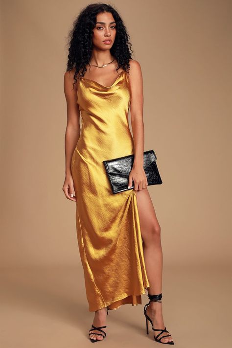 30 Best Holiday Dresses: Shop The Top 5 Trends - Lulus.com Blog Raven Lyn, Gold Satin Dress, Satin Cowl Neck Dress, Pretty Midi Dresses, Camila Morrone, Asymmetrical Midi Dress, Grunge Dress, Fashion Vocabulary, Timeless Dress