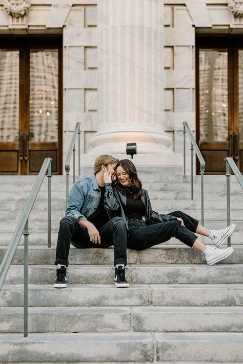 Street Photography For Couple, Couple Leather Jacket Photoshoot, Couple On Steps Photo Ideas, All Black Couples Photoshoot Outfits, City Prenup Shoot, Couples Photoshoot Downtown Winter, City Vibe Couple Photoshoot, Downtown Night Couple Photoshoot, Downtown Casual Photoshoot