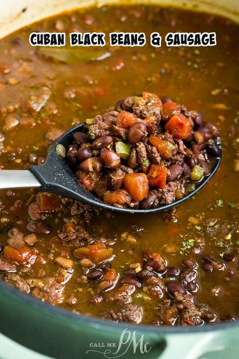 Cuban Black Beans and Sausage, if you have a large family or crowd to feed, need a budget-friendly meal, or like to use pantry staples, #recipe #slowcooker #oven #blackbeans #driedblackbeans #sausage #easy #stew #soup #TexMex Black Bean And Pork Soup, Ground Sausage And Beans Recipes, Sausage And Black Bean Soup, Black Beans Stew, Black Bean And Sausage Soup, Black Bean Soup With Sausage, Black Bean Sausage Soup, Black Beans In Crockpot, Cuban Soup Recipes