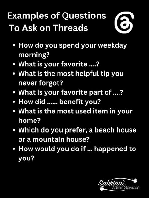 Examples of Questions to Ask on Threads - Image List by Sabrina's Organizing & Admin Services social media post ideas for Threads Threads Post Ideas, Threads Ideas Instagram, Services Social Media Post, Conversation Images, Engagement Questions, Facebook Engagement Posts, Small Business Organization, Mom Entrepreneur, Thank You Messages