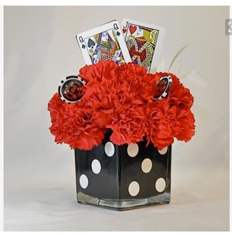 Casino party centerpiece Casino Centerpieces, Casino Themed Centerpieces, Casino Theme Party Decorations, Casino Party Foods, Vegas Theme, Casino Party Decorations, Casino Decorations, Poker Party, Casino Royale Party