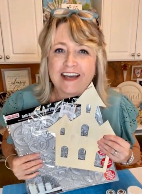 Dollar Tree Haunted House Ideas, Dollar Tree Wooden Haunted House, Dollar Tree Haunted House Wood Cutout, Dollar Tree Haunted House Cutout, Dollar Store Haunted House, Dollar Tree Houses, Dollar Tree Haunted House, Holiday Boards, Haunted House Diy