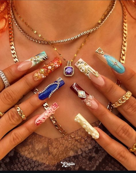 Nail Aesthetic, Hippie Nails, Airbrush Nails, Vintage Nails, Aesthetic Nails, Colored Acrylic Nails, Girly Acrylic Nails, Fire Nails, Bling Nails