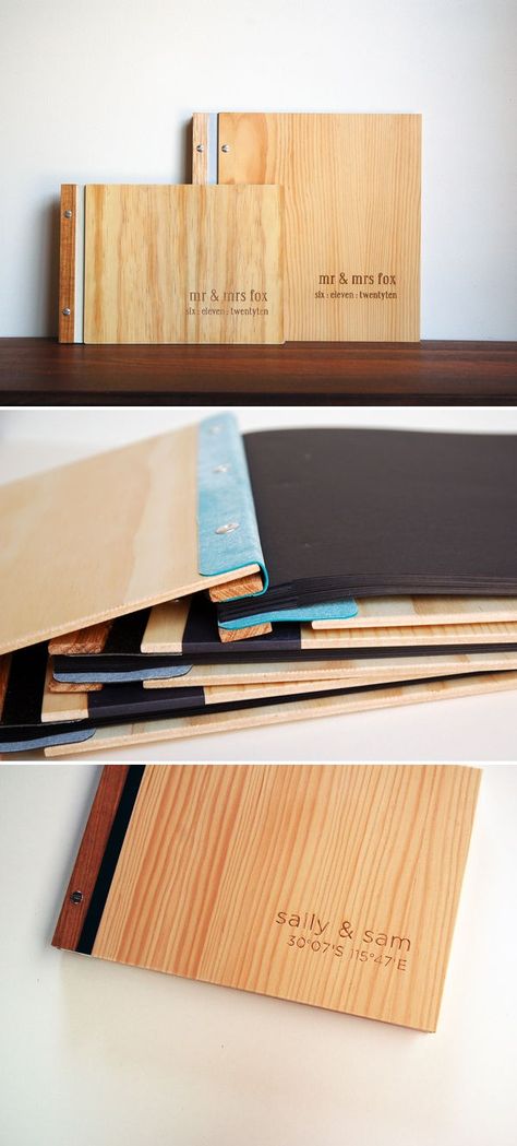 LOVE wooden book covers. I actually attempted this when I was in college...key word *attempt* :) Portfolio Book, Australia Wedding, Wood Book, Portfolio Inspiration, Wooden Books, Handmade Books, Diy Book, Wedding Album, Book Binding