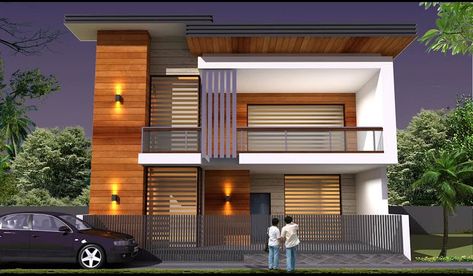 Elevation asian style houses by ridden interio asian | homify 30ft Front Elevation, Indian House Exterior Design, North Facing House, Building Front Designs, Indian House, 2 Storey House Design, House Facades, Wooden Front Door Design, Modern Small House Design