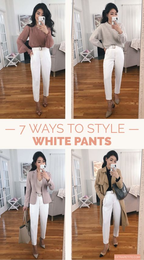 7 ways to style high-waisted white trousers // On the blog I'm styling this petite-friendly pair of Express pants into seven different outfits: from business casual to weekend casual. White Pants Outfit Business Casual, High Waist Work Pants Outfit, Styling White Trousers Women, White Trousers Casual Outfit, How To Style White Trousers Women, What To Wear With White Trousers, White Trouser Pants Outfit, Business Casual White Pants, White Slacks Outfit Work