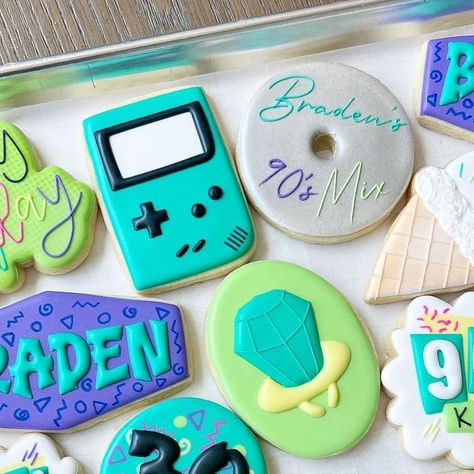 90s Sugar Cookies, 90s Theme Cookies, 90s Cookies Decorated, 90s Cookies, 30th Birthday Cookies, Rollerskating Party, Celebration Cookies, Decades Party, Homecoming 2024