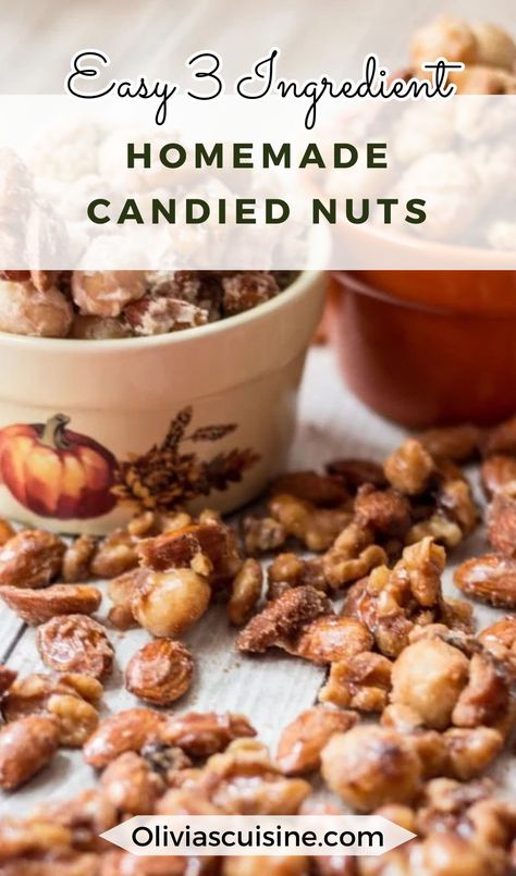 The perfect fall snack, these easy candied nuts are made with only 3 ingredients! The smell of these warm candied nuts will fill your kitchen with such a delicious aroma, you won't be able to let them cool off before you start snacking. Sugar Nuts Candied, Easy Candied Nuts Recipe, Candy Nuts Recipe Easy, Candied Mixed Nuts Recipe, Candied Nuts Recipe Easy, Candied Nuts Recipe, Flavored Nuts, Fall Snacks, Nut Recipes