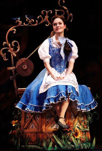 belle_3___liz_shivener_as_belle__photo_by_joan_marcus_(3) Belle Village Dress, Broadway Musicals Costumes, Beauty And The Beast Musical, Princess Poses, Belle Blue Dress, Broadway Dress, Theater Aesthetic, Theatre Aesthetic, Theatre Dress