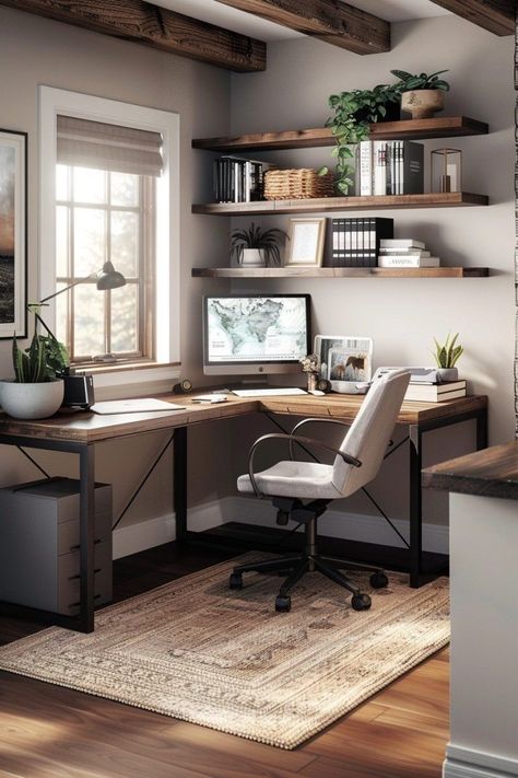 Corner Desk Shelves, Corner Work Desk, Corner Desk Design, Corner Office Desk Ideas, Desk Corner Ideas, Office With Corner Desk, L Desk Office Layout, Home Office Corner Desk Ideas, Corner Office Ideas