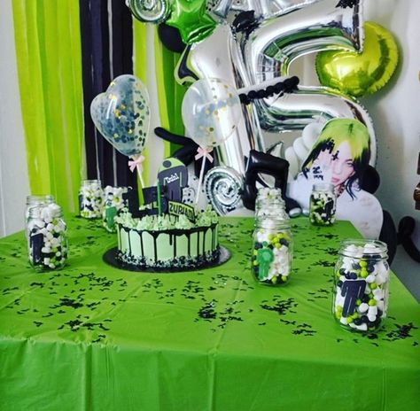 Billie Eilish Party Theme, Billie Eilish Themed Birthday Party, Billie Eilish Birthday Party Ideas, Billie Eilish Birthday, 7th Birthday Party Ideas, Alien Party, Senior Crown, 19th Birthday, Fun Party Games