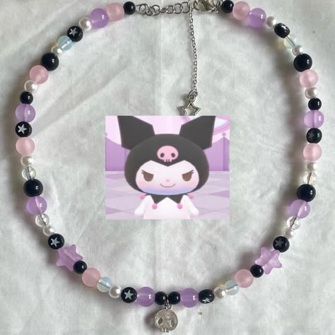 Kuromi Necklace Diy, Sanrio Jewelry Diy, Kuromi Beaded Necklace, Kuromi Bracelet Beads, Kuromi Beads, Kuromi Inspired Bracelet, Sanrio Beads, Sanrio Beaded Bracelet, Kuromi Necklace