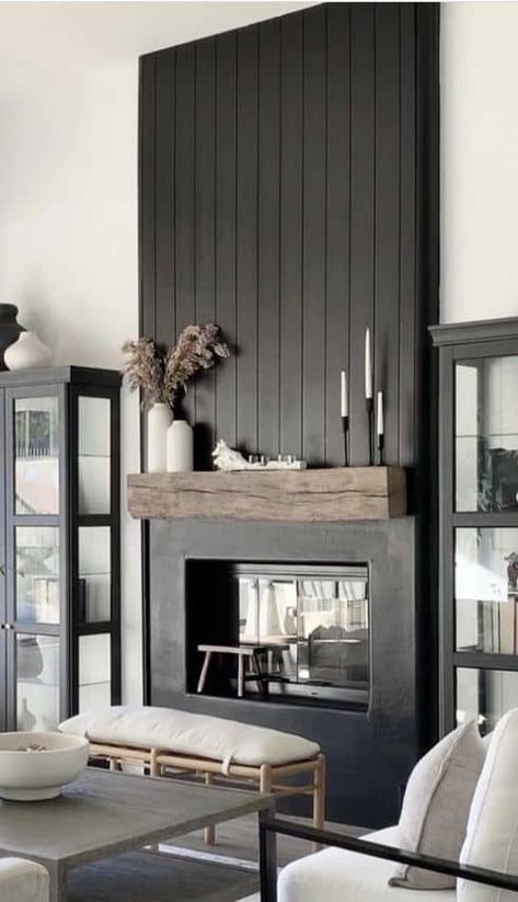 Black And Wood Fireplace Surround, Black Trim Fireplace, Vertical Panel Fireplace, Rooms With Black Fireplaces, Tricorn Black Tv Wall, Vertical Shiplap Fireplace Wall With Tv, Black Fireplace Wall Shiplap, Modern Craftsman Fireplace Ideas, Modern Fireplace Styling