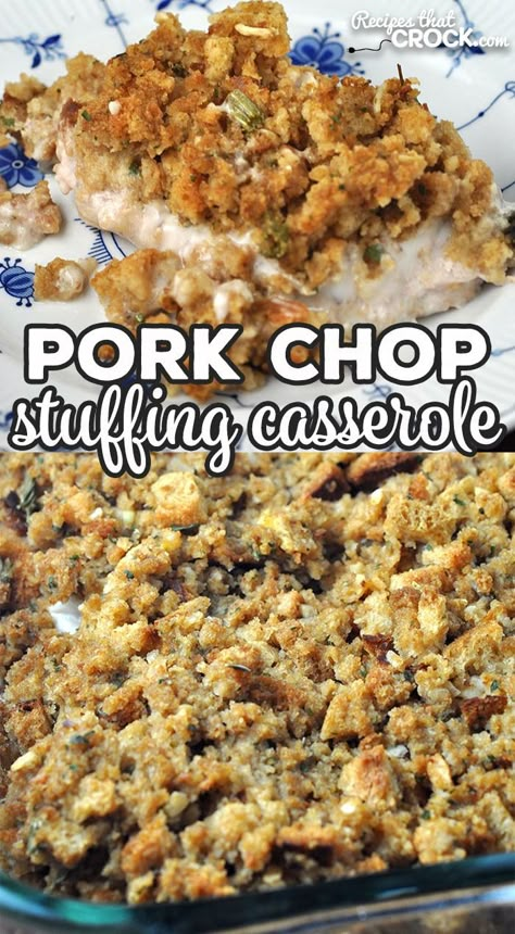 This Pork Chop Stuffing Casserole recipe for your oven is a delicious comfort food recipe that is simple to make and done in under and hour start to finish! Casserole Recipes For Dinner Pork, Pork Chop Skillet Dinner, Pork Chop Ideas Easy Recipes, Fast Pork Chop Recipes Easy Dinners, Pork Chop Green Bean Casserole, Pork Chop Stuffing Bake, Pork Chop Onion Soup Mix Recipe, Easy Pork Chop Recipes In Oven Simple, Easy Pork Chop Recipe