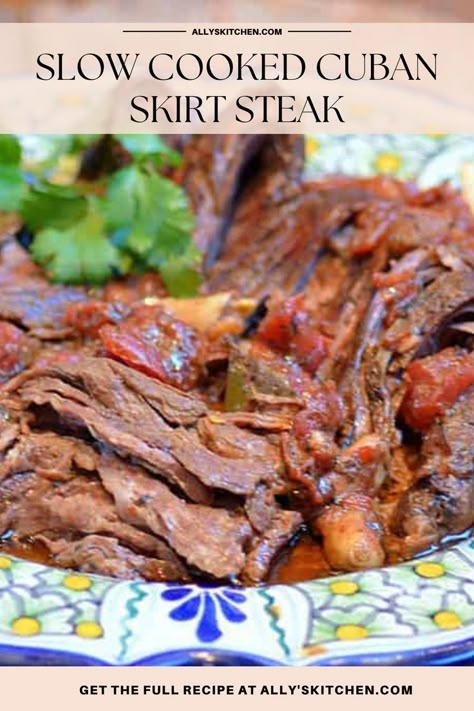 Closeup shot of slow cooked Cuban skirt steak on plate. Skirt Steak In Crockpot, Slow Cooker Skirt Steak, Steak In Crock Pot, Slow Cooker Flank Steak, Crockpot Steak Recipes, Skirt Steak Recipes, Crockpot Steak, Light Dinner Recipes, Best Beef Recipes