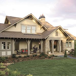 Another nice exterior color combo -- stone and siding colors are good.  And our gables will have shingle siding bordered by roofing shingles flared out like the larger gable here. Hemlock Springs, House Shutters, Southern Living House Plans, Basement House Plans, Stone Siding, House Siding, House Exteriors, Hill House, House Floor